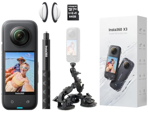 Insta360 X3 360 Degree Action Camera x Fat Gecko PREMIUM CAR MOUNT Kit for Vehicle Drone / 3rd Person/GTA Video inc: Invisible Selfie Stick, Lens Guards + 64GB