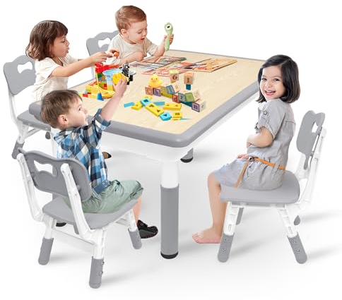 YRHome Barnbord med 4 stolar höjdjusterbart barnbord grupp grått barn bordsset plast barnmöbler bord stol set för barnrum och dagis sittgrupp från 2 år – grå, 120 x 60 cm