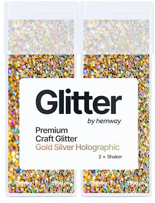 Hemway Craft Glitter Shaker Gold Silver Holographic 130g x2 Pack Chunky | for Resin & Epoxy Crafts, Christmas Art Supplies, Nail, Body, Face, Eye, Festival, Crafting, Slime, Sparkle