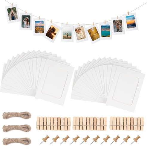 JINTANG 30 Pcs cornici portafoto in cartone,10 x 15 cmcornici di Carta Kraft per Foto DIY,Cornici di Carta,Hanging decorazione della parete,con 30 pz clip e 3 pz corde di canapa set(bianco)
