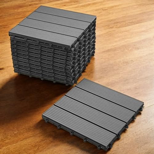 Loreno WPC Terrassenfliesen, Balkonboden & Terrassenboden mit Klicksystem - Balkonfliesen, Terrassendielen, 30x30 cm, 11er Spar-Set - Wetterfester und pflegeleichter Bodenbelag, Anthrazit
