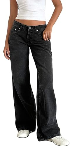 LSFYSZD Women Wide Leg Jeans Low Waist Baggy Jeans Loose Boyfriends Trousers Denim Pants Y2K 90s Streetwear (Dark Grey, XS)