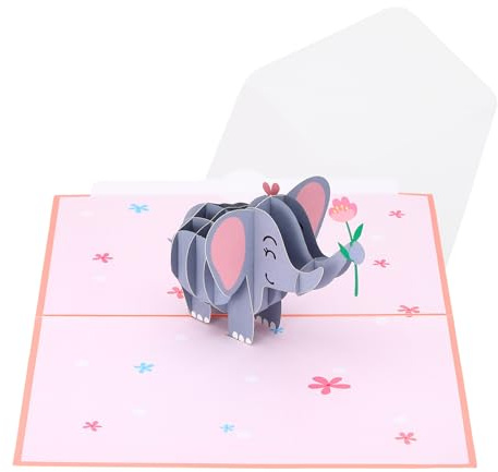 PATIKIL gratulationskort, elefant-tackkort födelsedagskort med kuvert och tomt anteckningskort 3D för kvinnor vänner årsdag alla hjärtans dag, rosa