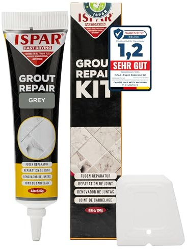 Ispar Joint Carrelage Gris (250g) - Réparation de Joint Salle de Bain Gris, Coulis Prêt à l'Emploi Imperméable - Avec Spatule