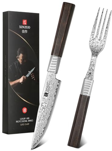 XINZUO Juego de 2 Cubiertos para Bistec en 67 Capas de Acero de Damasco-Juego de Cuchillos para Carne y Tenedor-Premium Acero de Damasco Cuchillo de Mesa-Mango de Madera de Ébano-con Caja de Regalo