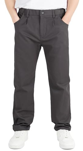 CAMLAKEE Pantalones de pierna recta para niños varones, pantalones chinos escolares uniformes con bragueta de cremallera, gris oscuro, 13-14 años
