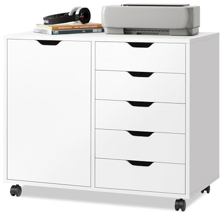 DEVAISE Mobile File Cabinet with 5 Drawers, Printer Stand with Wheels and Door for Home Office Storage, Stylish and Functional Design, White