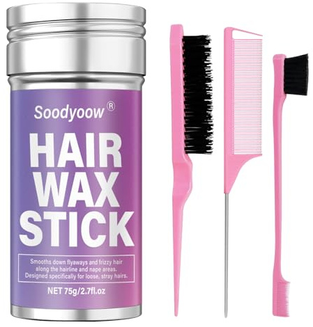 Soodyoow Set Completo 4 Pezzi, Bastoncino di Cera per Capelli da 75g e 3 Pettini Rosa Multifunzione, per Styling Facile e Precino, Domina Capelli Sfibrati e Ribelli, per Code di Cavallo e Chignon