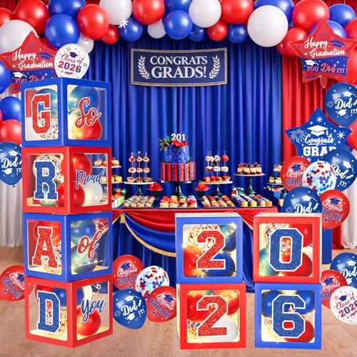 2026 Graduation Decorations, Red and Blue Graduation Decorations, Balloons Boxes (4PCS) with Letters 2026 GRAD So Proud of You, Congrats Grad Decorations for High School & College