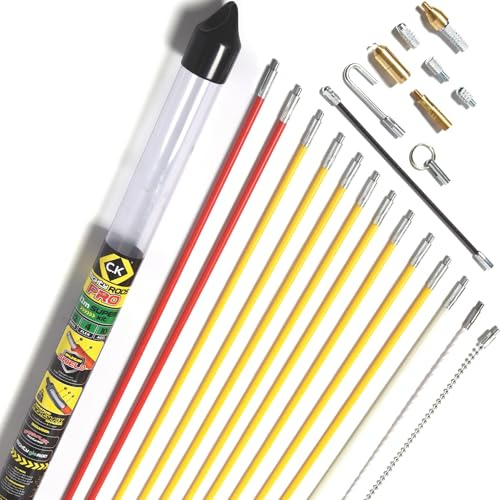 C.K MightyRods Pro 12m Kabelstangen Super Set, 4 Flexibilitäten Einziehstangen, 100% Splitterfrei Glasfaser Harz Elektrische Kabelziehhilfe, Elektroinstallation, Kabeleinziehhilfe Elektriker, CK T5422