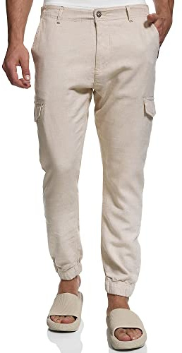 Indicode Herren Booth Cargohose aus Leinen & Baumwolle mit 6 Taschen | Stoffhose für Männer Fog, L