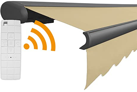 Arilco Elektrische Vollkassettenmarkise Kassettenmarkise Gelenkarmmarkise Markise Sonnenmarkise Sonnenschutz in vielen Farben und Größen wählbar in der Kassettenfarbe Anthrazit (3,5m x 3m, Hawaii)