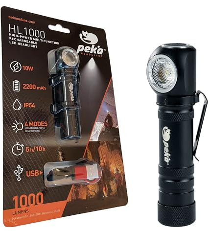 PEKA | Linterna LED Recargable | Frontal Alta Potencia | Multifunción | Aluminio | 10W y 1000 lm | 4 Intensidades | 5 a 10 h | Batería de Litio | Ultra Portátil para Ciclismo, Montañismo | PEKA HL1000
