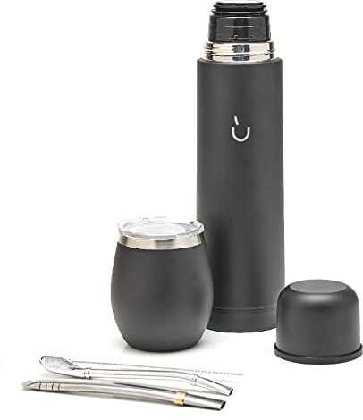 balibetov Complete Yerba Mate Set - Modern Mate Gourd, Vacuum Flask, Bombilla and Cleaning Brush Included - All Premium Quality 304 18/8 Stainless Steel (Black)