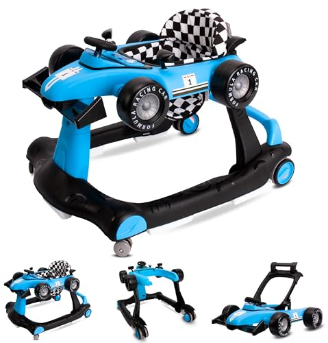 Sun Baby Lauflernhilfe Walker 3in1 mit höhenverstellbare Automotiv, Formula racing, interaktiv und faltbar mit Sicherheitsstopper, Tasten, Lichtern und Sound ab 6 Monaten (Blau)