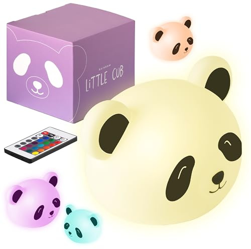 Madrigal Lampada Orsetto - Luce Notturna Bambini - Cameretta - Ricaricabile USB-C con Telecomando - Multicolore e Luce Calda - Soffice Silcone - Timer luci Arcobaleno (Panda)