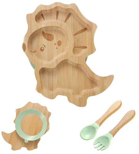 KEESIN Bambus Kindergeschirr 4er Set Babyteller mit Saugnäpfen Zubehör für Babynahrung 1 Silikonlöffel 1 Silikongabel Teller mit Saugnäpfen (Dinosaurier)