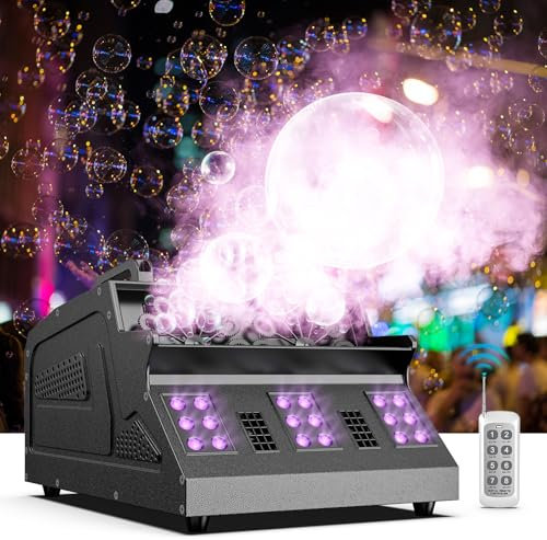 Máquina de Humo con Burbujas, Máquina de Pompas de Jabón de 1500W con 18 Efectos RGB 3 en 1, Control Remoto con Control DMX, Adecuada para Fiestas, DJ, Halloween, Navidad, Bodas