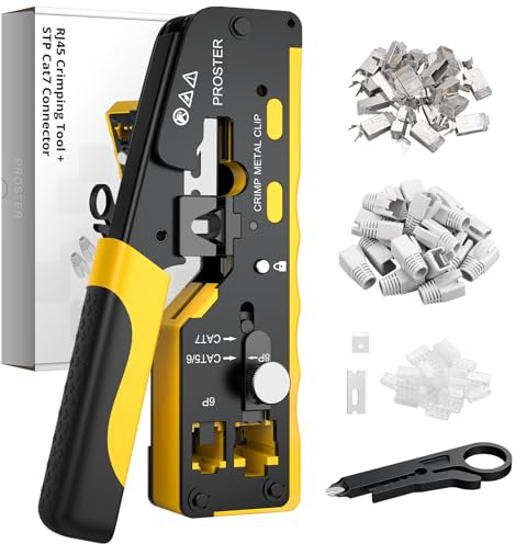 Proster Crimpatrice RJ45 Professionale con Design a Foro Passante per CAT7 Kit di Strumenti per Crimpatura con 20 Connettori Schermati Spelacavi e Lama di Ricambio Ideale per Reti ad Alta Velocità