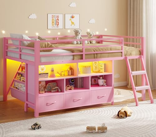 BTHFST Low LED Loft Bed Twin Size with Storage, 3-Tier Kids Bookshelf