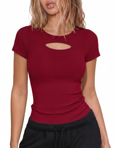 Aottori Camiseta de Mujer Manga Corta Acanalado Elástico con Cuello Redondo | Detalle Cut Out, Corte Ajustado, para Verano, Diseño Pullover, Forma de Túnica, Comodidad Flexible