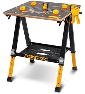 POWERTEC 2-in-1 Folding Work Table & Sawhorse – 1000 lb Capacity Portable Workbench with 8-Level Height Adjustment, Clamps, Bench Dogs & Expandable Support Platform (UT1015)