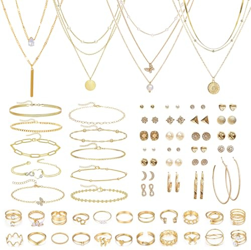 ZXTGBQ 60 Pcs Parure Bijoux Femme Or, Bracelet Ensemble Bijoux Ensemble Bijoux, Boucle D'Oreille Bracelet Collier Perle Zircon Cubique CréOles Boucles D'Oreilles Pour Femme Fille Cadeau Bijoux