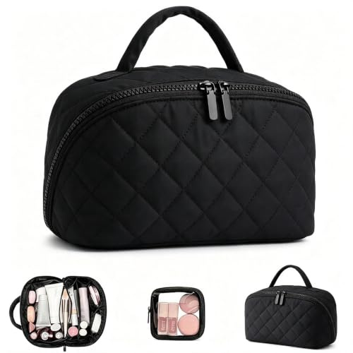 Travel Makeup Bag for Women, 180° Open Flat Lay Puffer Cosmetic Organizer, Large Capacity Quilted Make Up Case with Compartments, Waterproof Toiletry Bag with Brush Holder and Handle for Travel