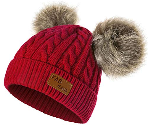 Yixda Gorro de invierno para bebés y niños, niñas y niños, gorro beanie cálido con pompón de pelo, rojo, Talla única