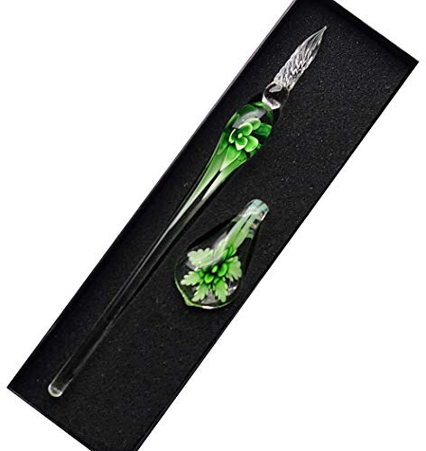 Sipliv fait à la main en verre de cristal intarsia plume stylo stylo plume calligraphie vintage signatures stylo avec un porte-stylo pour cadeau de noël anniversaire, vert