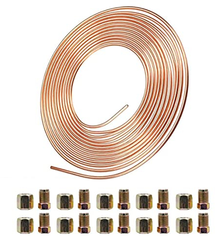 Brake Pipe Copper Coated Steel Tubing 32.8Ft. of 3/16 Automotive Replacement Brake Lines Kit with 20 Nuts Fittings (32.8Ft. of 3/16)