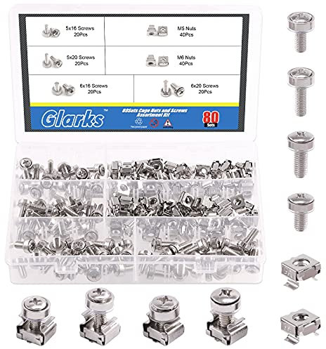 Glarks Lot de 80/160 écrous cage M5 M6 et vis de montage à trou carré et rondelles pour rack et armoire de serveur (M5 x 16 mm, M5 x 20 mm, M6 x 16 mm, M6 x 20 mm)
