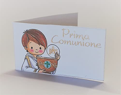 Cartotecnica Italiana 100 Pz Bigliettini Bomboniera Prima Comunione Maschile Umoristico. Impaginati su cartoncini Bianchi f.to A6 con Dettagli grafici Color Oro