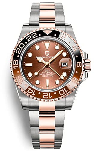 Pagani Design GMT Orologio da Uomo Orologio Meccanico Automatico Acciaio Inossidabile Impermeabile 100M, Data, Luminoso, Lunetta in Ceramica, Vetro Zaffiro Orologi da Polso (3 Oro Rosa)