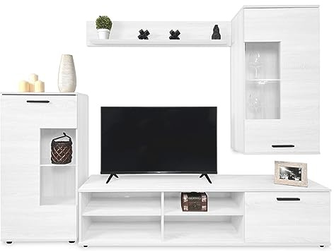 Homey - Mueble de Salón con Leds, Módulos de Comedor, Modelo Alemore, Acabado en Andersen, Medidas: 229 cm (Ancho) x 200 cm (Alto) 38 cm (Fondo)