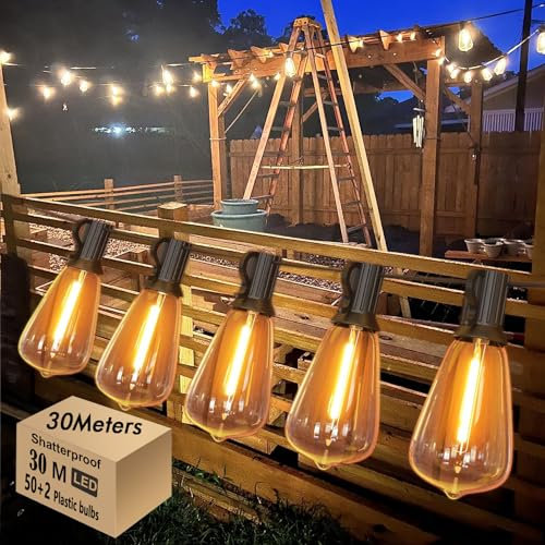 Skeerei 30M Festoon Lights Outdoor Mains Powered Led Garden Lights String with Vintage 52pcs 2700K Warm White for Pegola, Patio, Gazebo, Backyard,Terrace, Party,Wedding [Energy Class G]