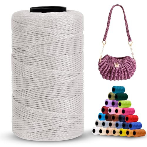 LEREATI Polyester Garn 1mm x 230m Makramee Garn 1mm Baumwollgarn Macrame Cord Polyester-Seil Baumwollkordel für Handtasche, Umhängetasche, Häkeltasche, Strickwaren (Hellgrau)