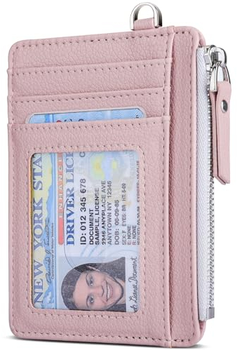 Teskyer Porta Carte Donna, Porta Carte di Credito, Porta Tessere Donna, Slim, Minimalista, Blocco RFID, 1 Finestra Identificativa, con Cerniera, può Contenere Fino a 8 Carte, Rosa