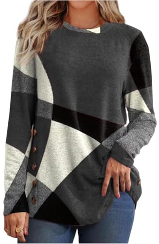 Femme T-Shirt à Manches Longues Chemise à Col Rond Tops Lâche Long Tshirts Pull Femme Chic et Elegant Hauts T-Shirts à Manches Longues Automne Top Col Rond