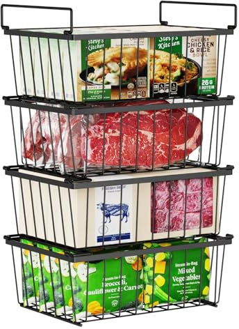 iSPECLE Chest Freezer Baskets - 4 Pcs Stackable Freezer Baskets for 142L Deep Freezers, Easy Get Food with Handles, Add Space and Allow Air Circulation for Better Freshness, Black