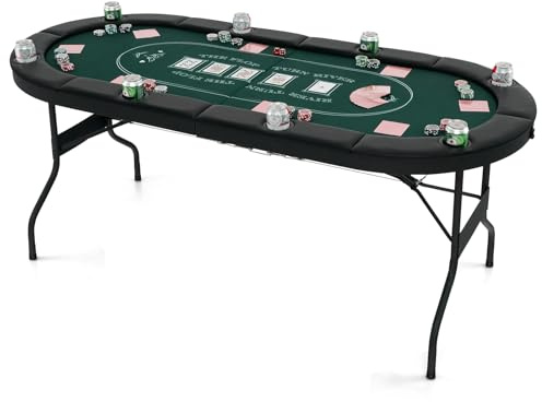 GOPLUS Table de Poker Pliable 8 Joueurs, Table de Jeu de Société 182 cm, 8 Porte-gobelets en Métal, Rampes Rembourrées, Table de Blackjack Texas Hold'em, pour Soirée en Famille (Vert)