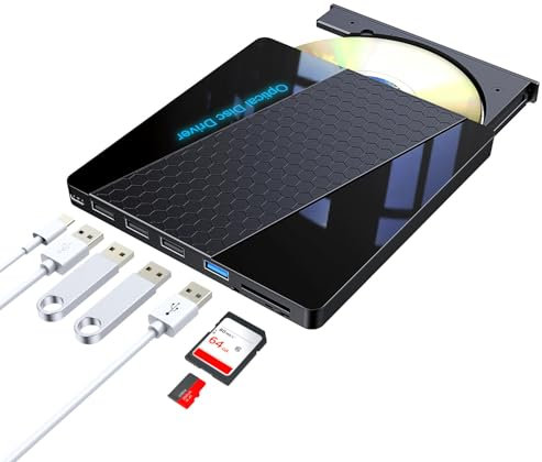 Lecteur CD DVD Externe pour PC, USB 3.0 Lecteur CD/Dvd +/-Rw portable Type C Lecteur Graveur DVD avec Lecteur de Carte SD/TF, Mince Transmission Rapide Câble USB Intégrée pour MacBook Windows 10/8/7