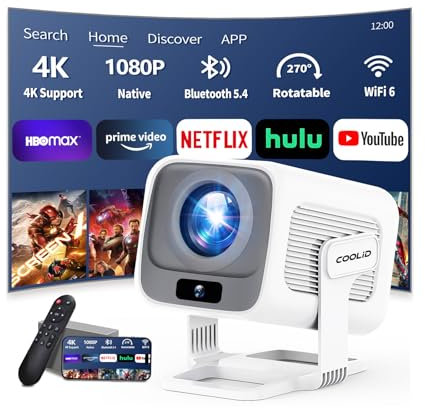 [App Intégrée] Vidéoprojecteur avec WiFi 6 y BT 5.4,1080P Full HD Mini Projecteur Video, Projecteur Portable avec Autofocus et Correction Trapézoïdale Automatique,180° Rotation HDMI/TV Stick/USB Blan