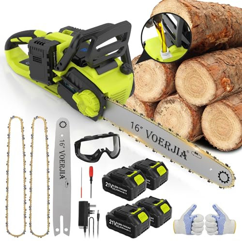 VOERJIA 16 Inch Brushless Cordless Chainsaw, Electric Chainsaw with 4 * 4000mAh Battery, 2200W Battery Chainsaws with Automatic Chain Lubricationr and Chain Brake for Chopping logs and Cutting Trees