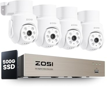 ZOSI 1080p Wired CCTV Camera System, H.265+ 8CH 5MP Ultra HD-TVI DVR Systems with 500GB SSD, 4pcs 2MP Pan/Tilt Security Cameras 360° View Indoor Outdoor, Human Vehicle Detection, 65ft IR Night Vision