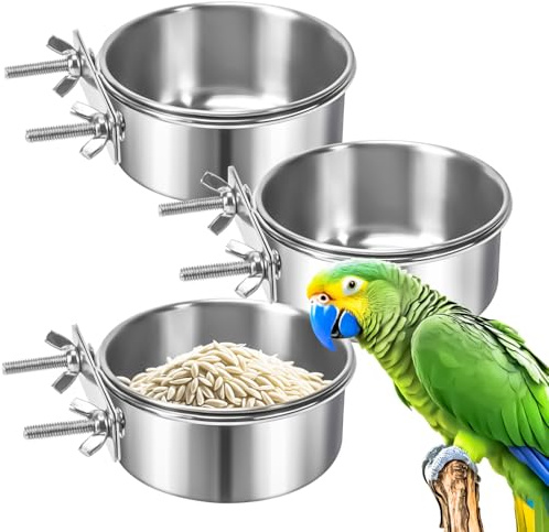 MotBach 3 Pack Bird Feeding Bowls Cups Parrot Food Water Dishes, Stainless Steel Bird Bowl Cup Dish with Clamp, Birdcage Feeder Pet Cage Bowls for Parrot Cockatiel Budgie Conure Parakeet Small Animal