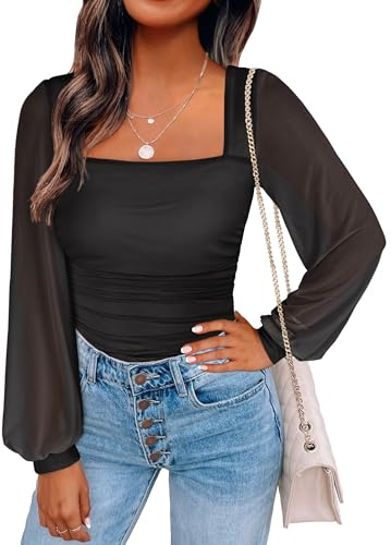 ANRABESS Womens Square Neck Mesh Long Sleeve Tops Double Lined Dressy Business Casual Blouses Shirts 2025 Fall Outfits Black Large