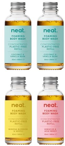 Neat Foaming Body Wash Discovery Kit (4 Refills 50ml each) – Dermatologically Approved Shower Gel & Liquid Soap Set for Men & Women – Bodywash Suitable for Sensitive Skin