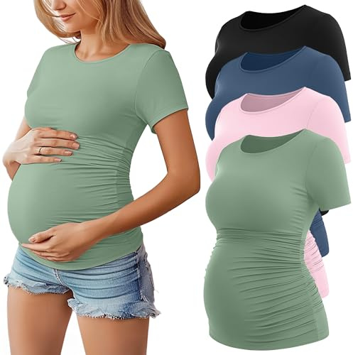 Geyoga Paquete de 4 Camisetas de Maternidad para Mujer De, Manga Corta, Cuello Redondo y Fruncido Lateral(Azul neblina, Rosa, Verde grisáceo, Negro,XL)