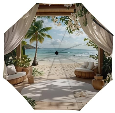 Beach Scene Tropical Flowers Wooden Pavilion Compact Travel Umbrella, Windproof 8-Rib Manual Folding Umbrella with UV Protection, Teflon Water Repellent, Anti-Slip Handle & Stylish Print for Rain & Su